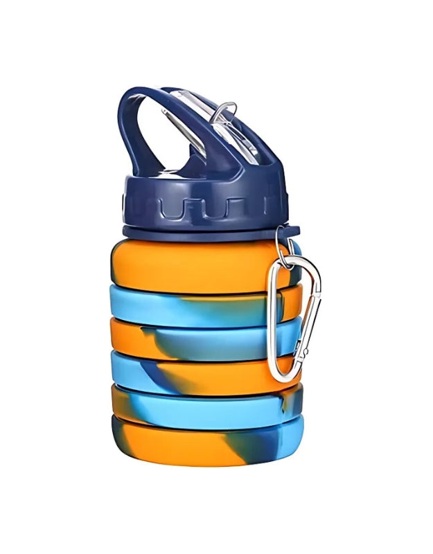 Collapsible sports water bottle with orange and blue swirl pattern, navy blue lid, and attached metal carabiner.